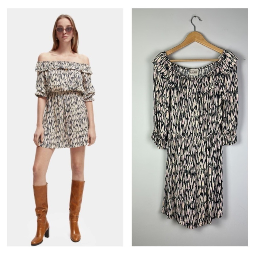 Scotch & Soda Off-Shoulder Frilled Smock Mini Dress Size M Comfortable Pull On